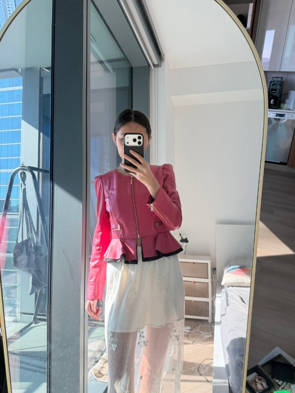 Eva Ouxiu Pink Lambskin Leather Peplum Zip Jacket XS